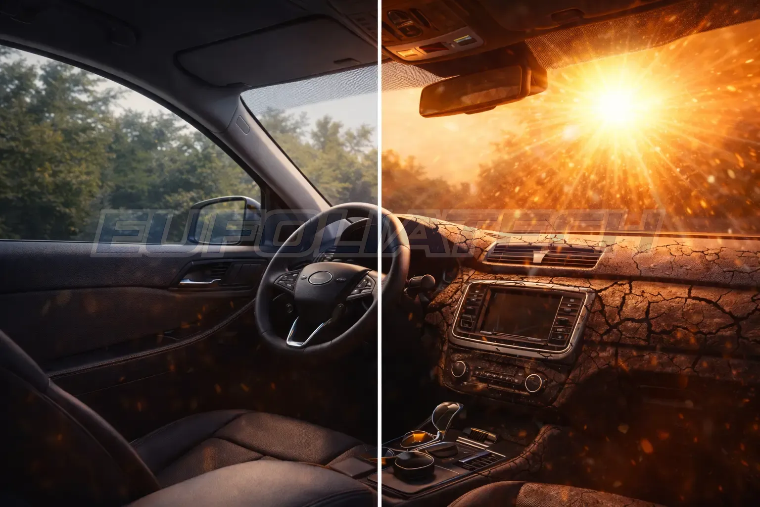 Vakító napsütés és árnyékolt utastér különbség autófóliával