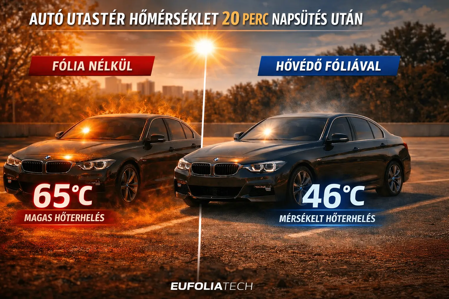 Autó utastér hőmérséklet összehasonlítás 20 perc napsütés után – fólia nélkül és hővédő autófóliával