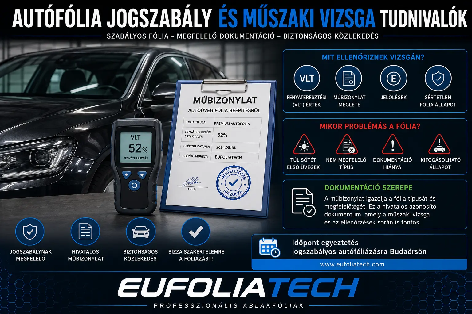 Autófólia jogszabály és műszaki vizsga – VLT érték, műbizonylat és szabályos autófóliázás