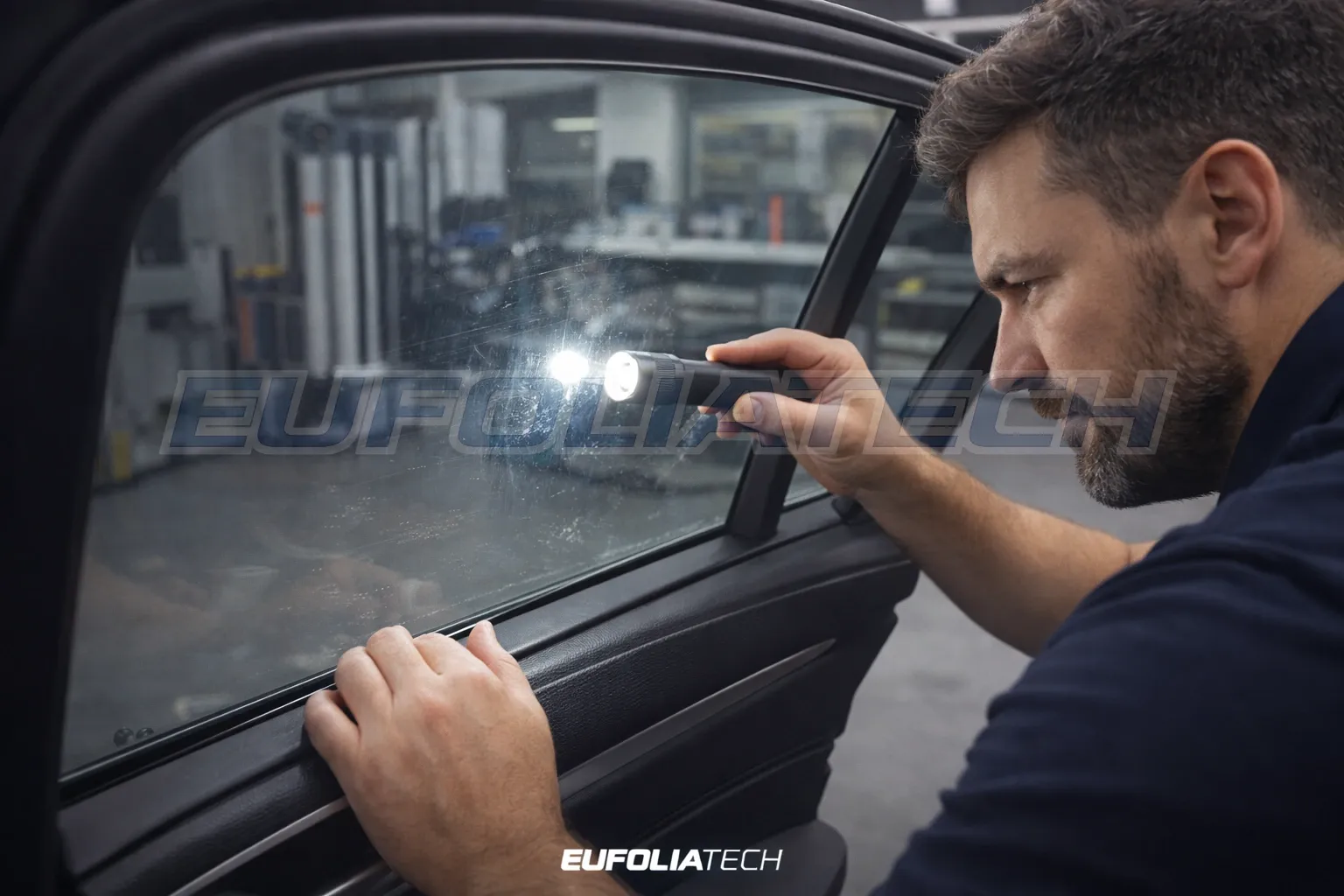 Autófóliázás előtti üveg állapotfelmérés ellenőrző lámpával