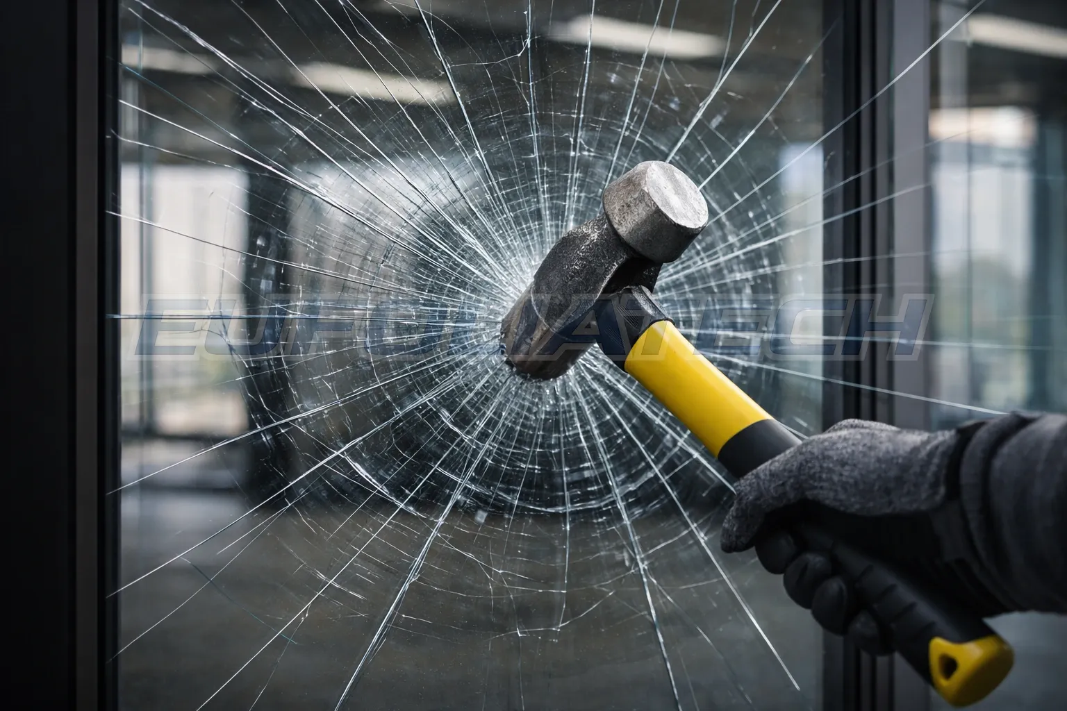 Repedt üveg biztonsági ablakfóliával egyben tartva