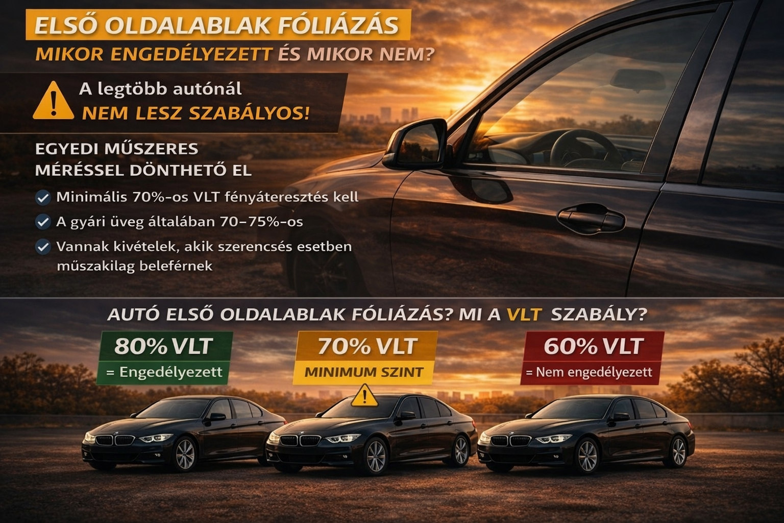 Első oldalablak VLT határérték összehasonlítás fóliázás előtt és után