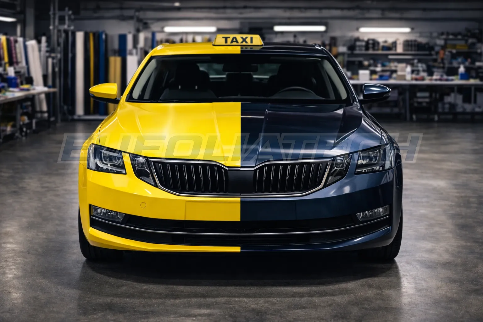 Félkész sárga taxi karosszéria fóliázás műhelyben