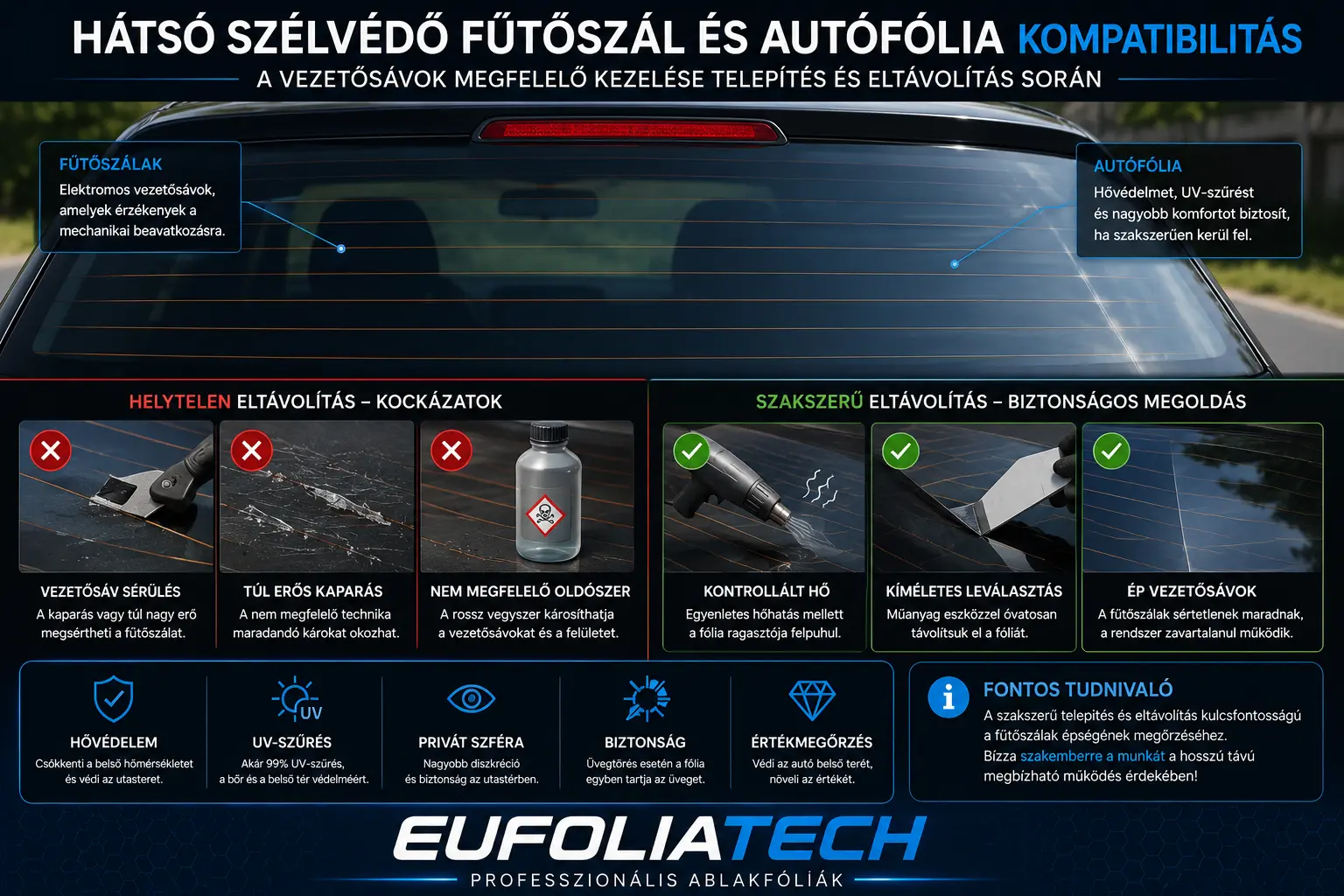 Hátsó szélvédő fűtőszál és autófólia kompatibilitás – a vezetősávok megfelelő kezelése telepítés és eltávolítás során