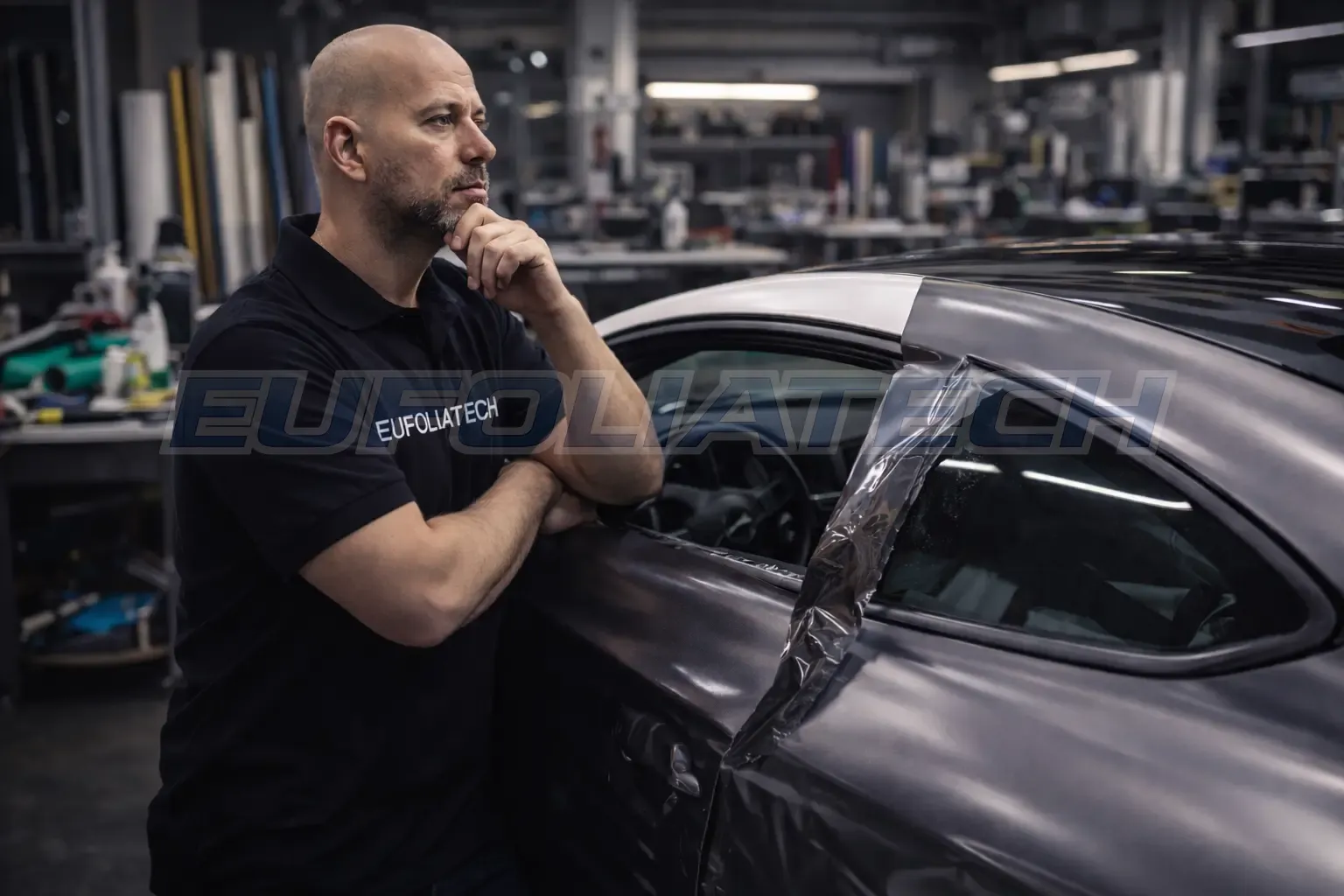 Gondolkodó autófóliázó szakember fóliás műhelyben autónak támaszkodva