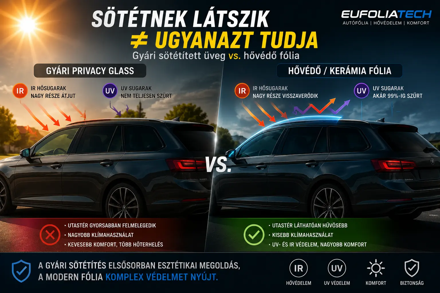 Gyári sötétített Privacy Glass üveg és hővédő autófólia különbsége