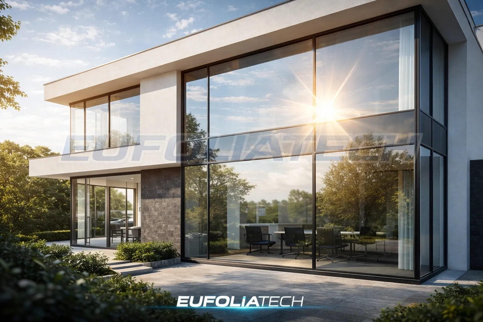 Kültéri hővédő ablakfólia nagy üvegfelületen, napsütéses homlokzaton
