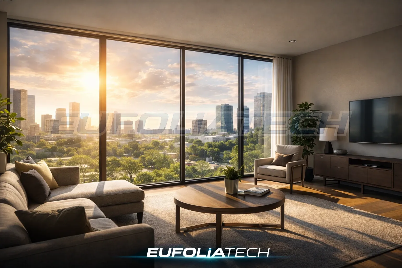 Lakás nagy üvegfelülettel hővédő ablakfóliával, nyári napfény mellett