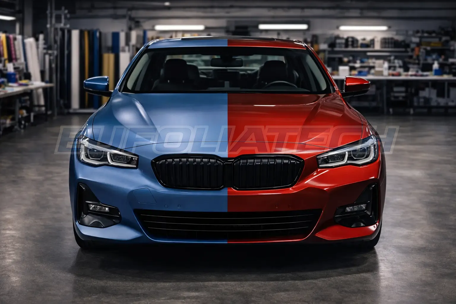 Színváltó autó wrap félkész állapotban fóliás műhelyben